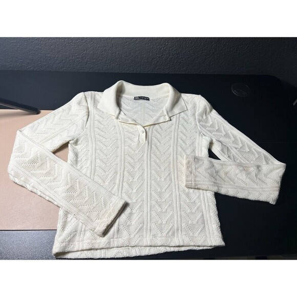 ZARA Ribbed Knit Crop Polo Sweater Long Sleeve Y2K Fashion Size M - Picture 1 of 5